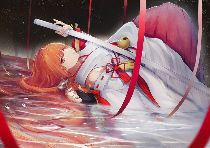 Miko with Katana and Red Ribbons