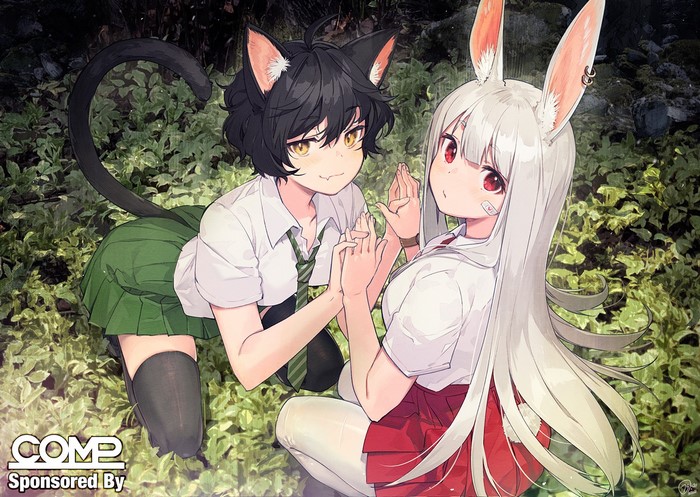 Cat girl and bunny girl in school uniforms