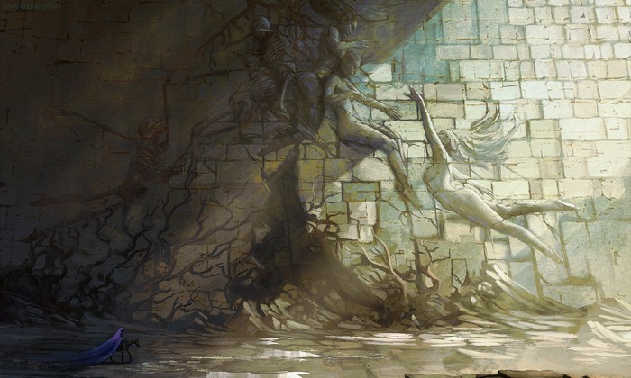 Fantasy art of figures on a stone wall
