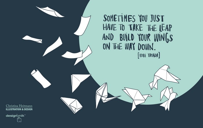 Origami birds and falling papers with quote