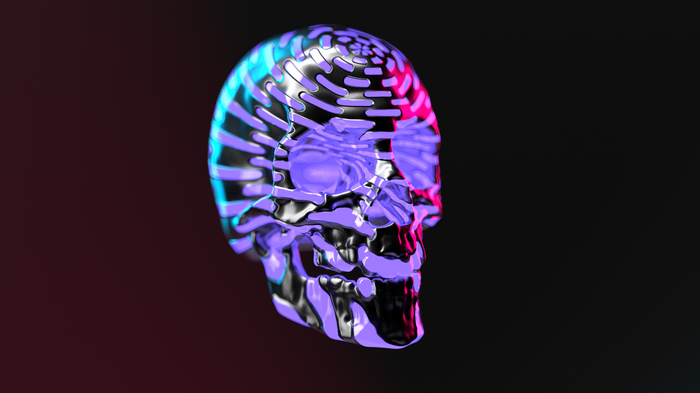 3D abstract metallic skull with neon lighting