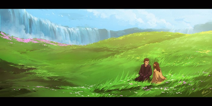 Anakin and Padmé from Star Wars sitting in a field