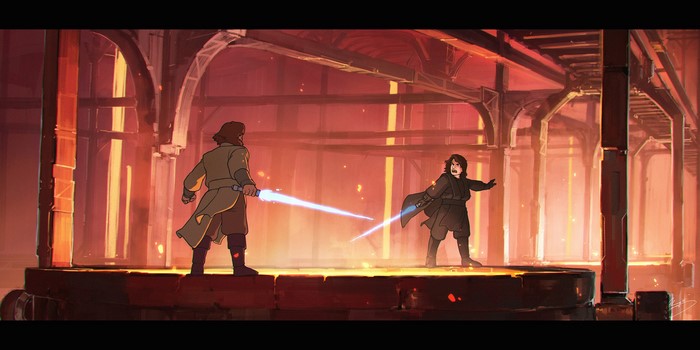 Anakin Skywalker and Obi-Wan Kenobi duel on Mustafar