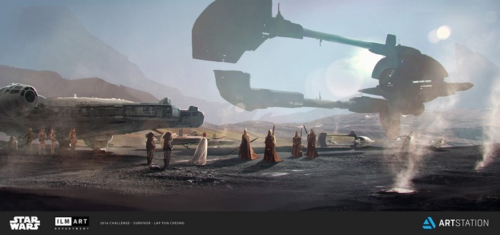 Millennium Falcon and figures on alien planet