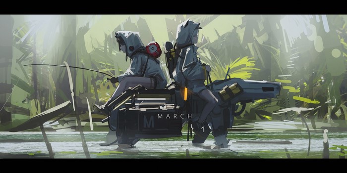 Two anime girls fishing in a futuristic jungle