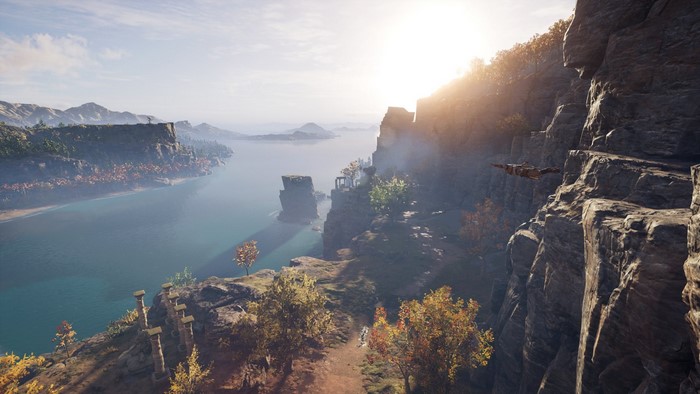 Kassandra from Assassin's Creed Odyssey on a cliffside