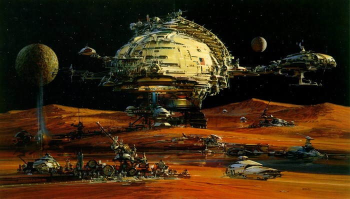 Science fiction artwork of a Mars colony with spaceships