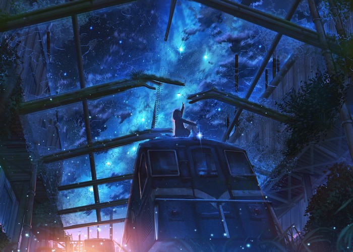 Anime girl sitting on a train under a starry sky
