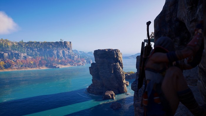 Kassandra from Assassin's Creed Odyssey climbing a cliff