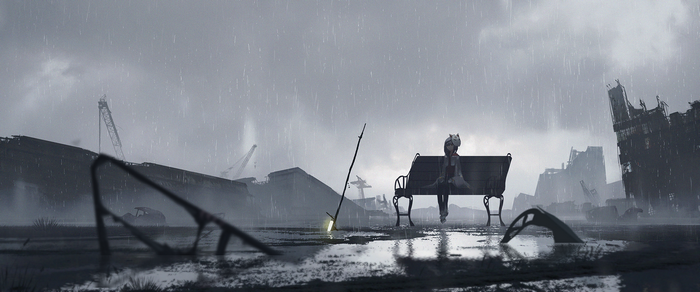 Anime girl sitting on a bench in a ruined city