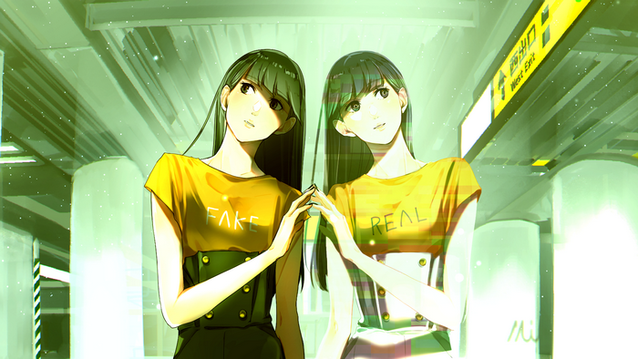 Anime girls with 'FAKE' and 'REAL' shirts reflected