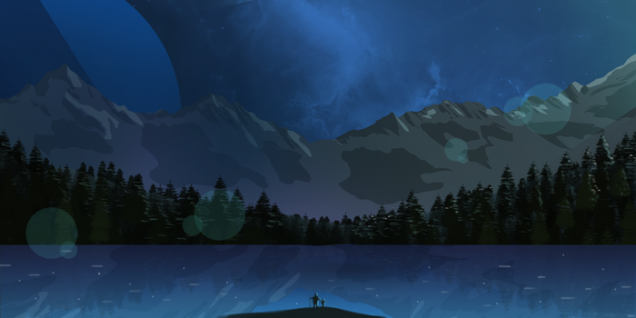 Night landscape with mountains, forest, and lake