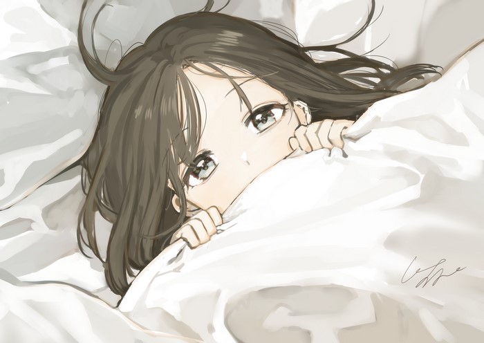 Anime girl with brown hair peeking from blankets