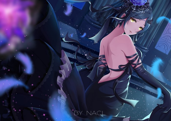 Hayami Kanade in a black dress with blue rose headdress