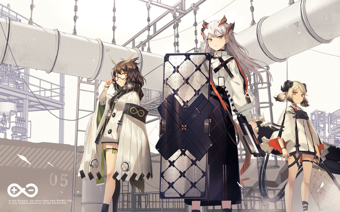 Three girls from Arknights in industrial setting