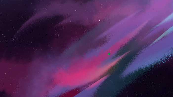 Purple and pink nebula with stars and a small green planet