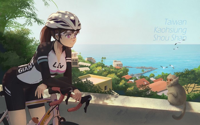 Anime girl cyclist with bicycle in Kaohsiung, Taiwan