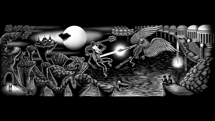 Skeleton warrior with ram skull fights winged creature over water