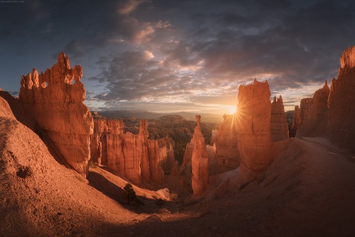Bryce Canyon at sunset with hoodoos and dramatic sky