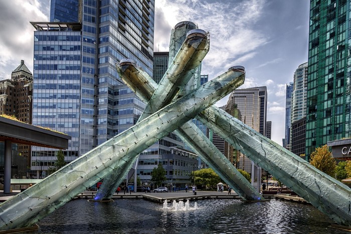 Vancouver cityscape with the "Digital Orca" sculpture