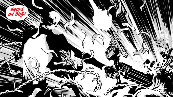 Renato Jones in action with chains and gun