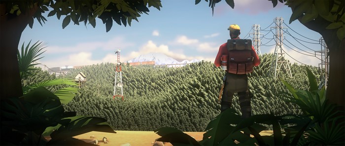 Scout from Team Fortress 2 in a forest with power lines