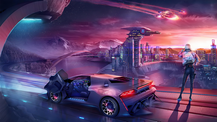 Cyberpunk city with futuristic car and woman