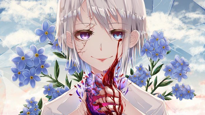 Anime girl with white hair holding bloody heart and blue flowers