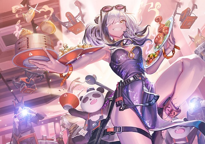 Anime girl with food and robots in a restaurant