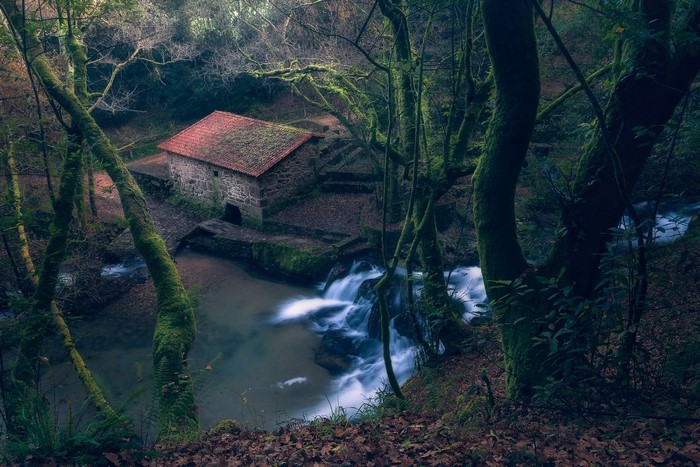 Stone building by a waterfall in a mossy forest