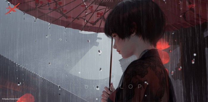 Girl with umbrella in the rain by WLOP