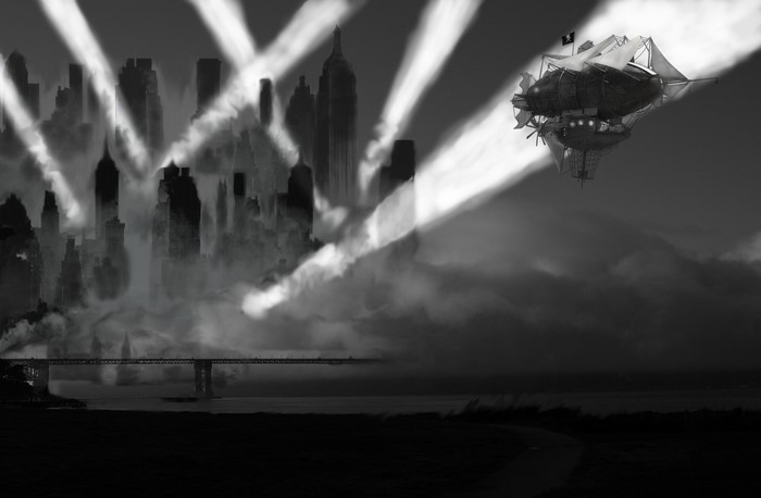 Steampunk airship over a misty city with spotlights