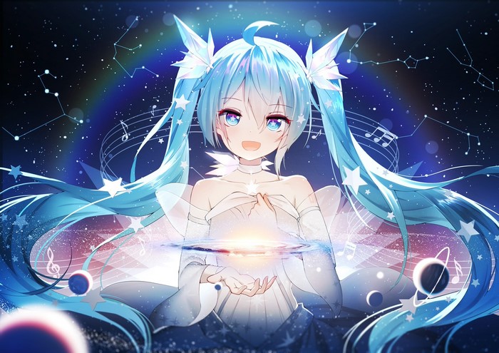 Hatsune Miku from Vocaloid in a starry galaxy