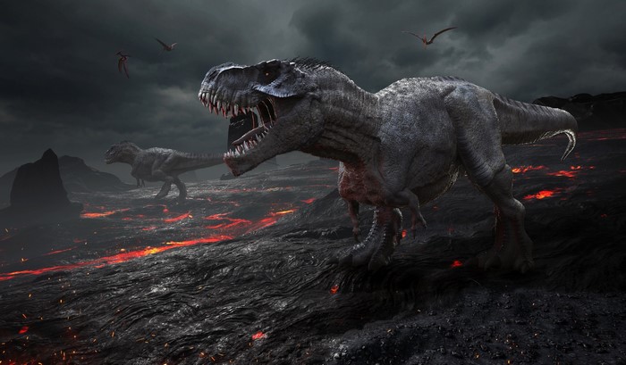 Tyrannosaurus Rex and Pteranodons in a Lava Landscape
