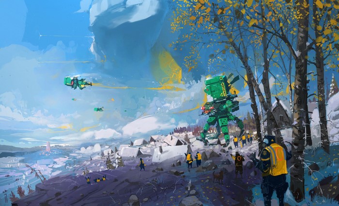 Futuristic robot and aircraft in a snowy landscape