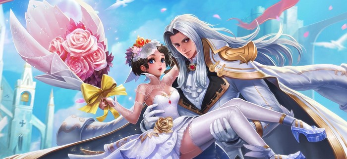 Anime couple in wedding attire with bouquet