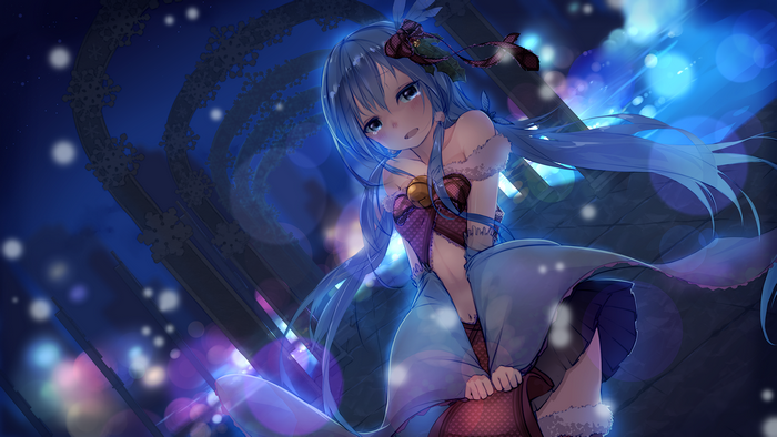 Anime girl with blue hair in a blue, sparkly environment