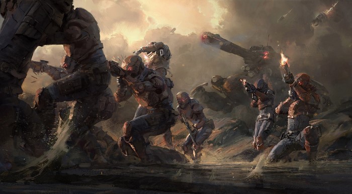 Science fiction soldiers in battle with a mech