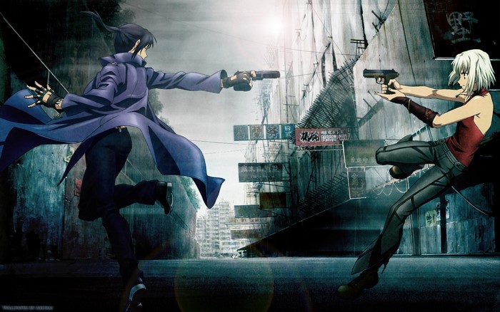 Canaan and other character with handguns in city
