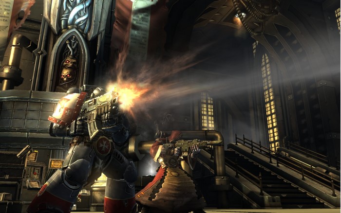 Space Marines from Warhammer 40,000 firing weapons