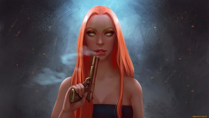Redhead woman with green eyes holding a gun