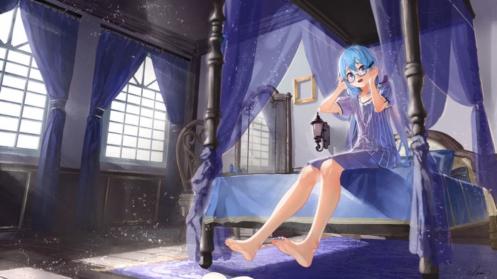 Saraki with blue hair and glasses in a bedroom