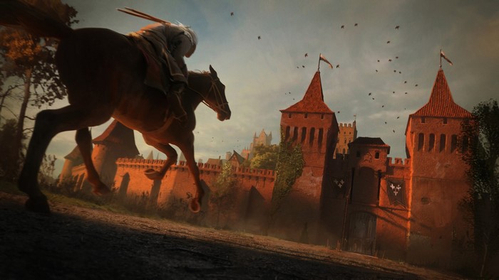 Geralt of Rivia from The Witcher riding a horse towards a castle