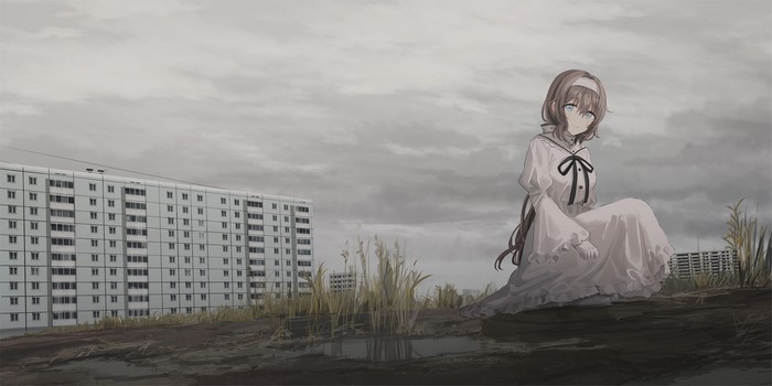 Anime girl in white dress sitting near abandoned buildings