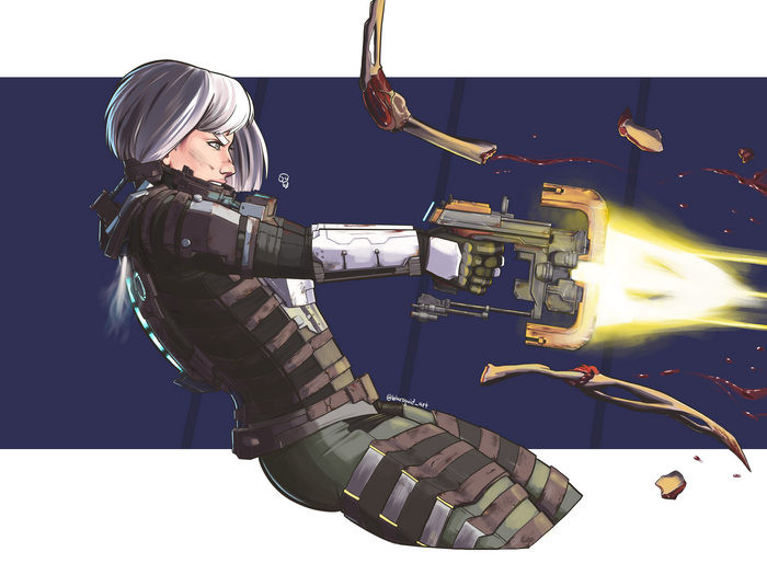 Woman in Dead Space suit firing a weapon, dismembering Necromorphs