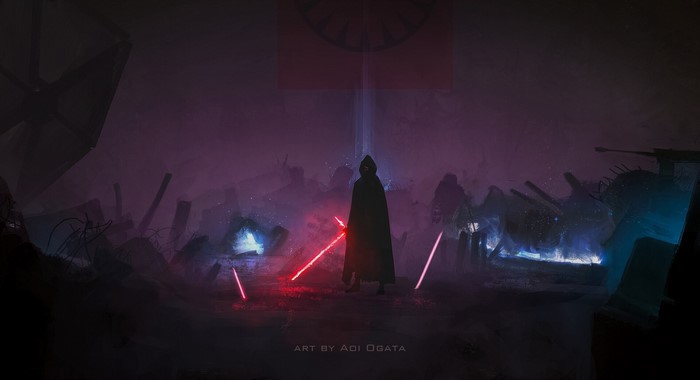 Kylo Ren from Star Wars with lightsabers in ruins