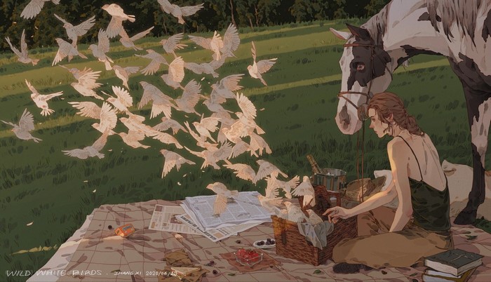 Woman and horse with flock of birds during a picnic
