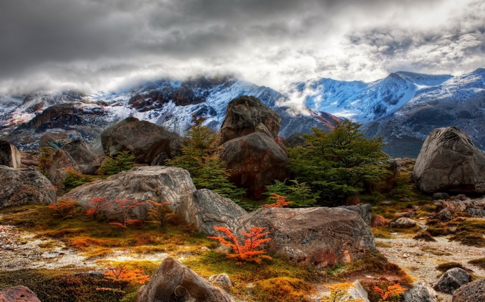 Rocky mountain landscape with autumn foliage and snow-capped peaks