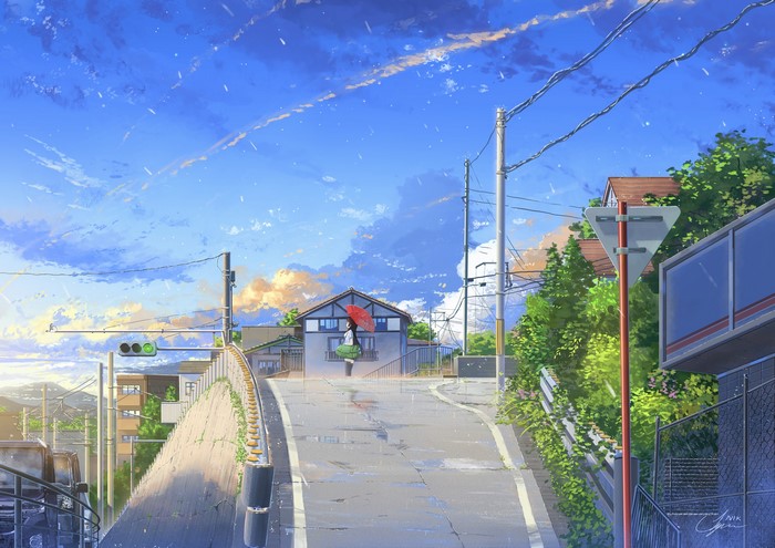 Anime girl with red umbrella on a wet street in Japan