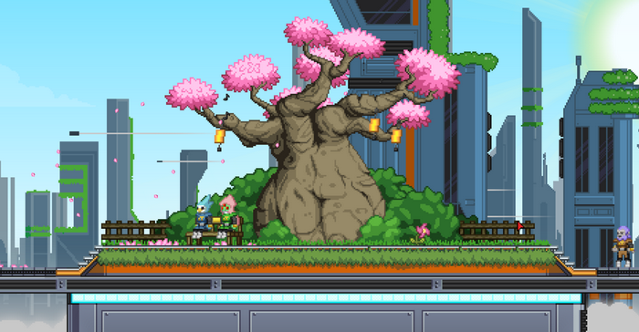 Pixelated city with cherry blossom tree and characters from Starbound